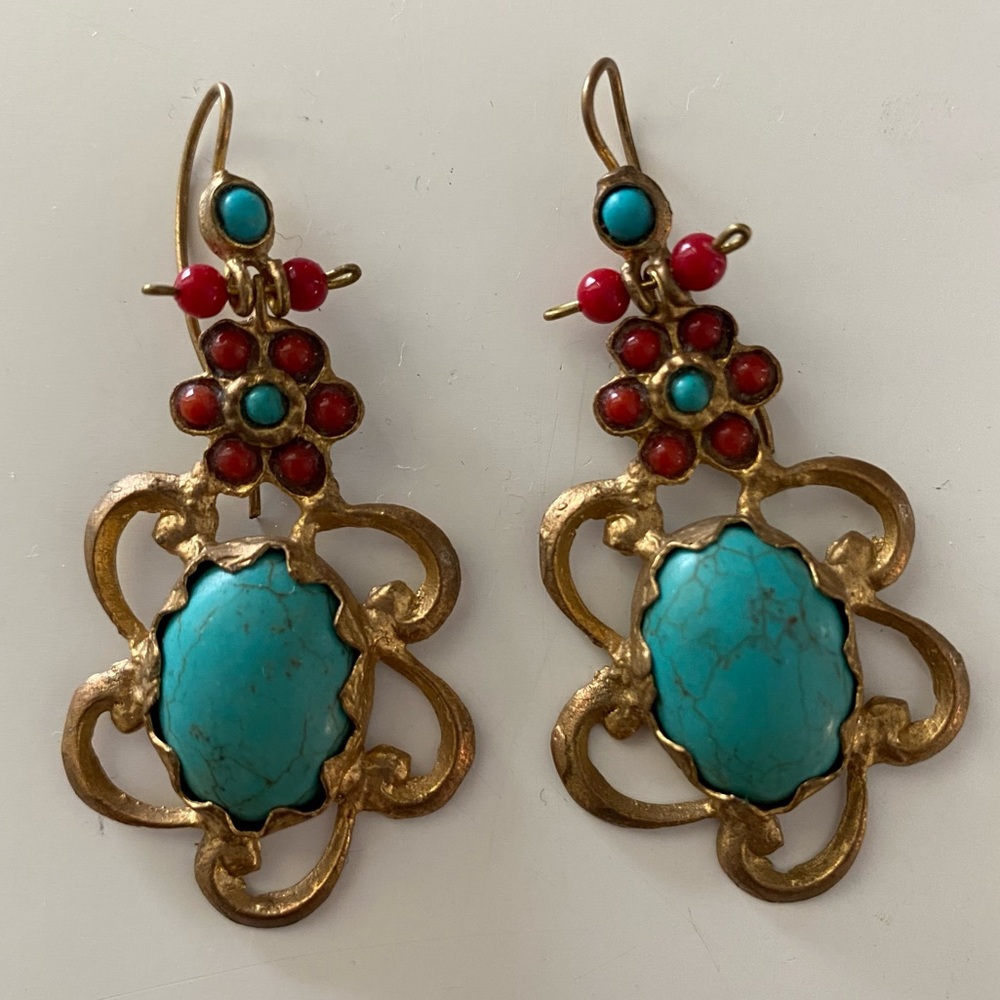 Turquoise and red coral gemstone earrings!